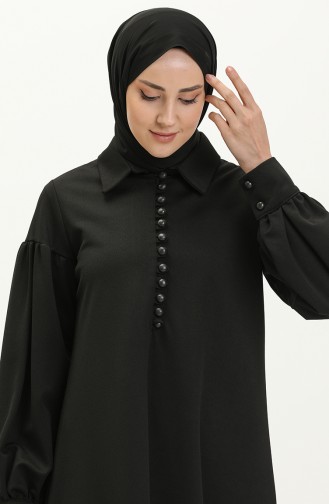 فستان حجاب بتفاصيل أكمام بالون وأزرار 11M02-04 لون أسود 11M02-04