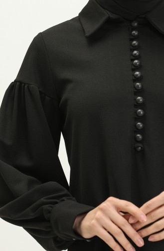 فستان حجاب بتفاصيل أكمام بالون وأزرار 11M02-04 لون أسود 11M02-04