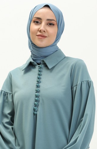 Robe Hijab Détail Boutons à Manches Ballon 11M02-03 Vert Menthe 11M02-03