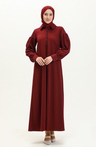 Robe Hijab Détail Boutons à Manches Ballon 11M02-02 Rouge Claret 11M02-02