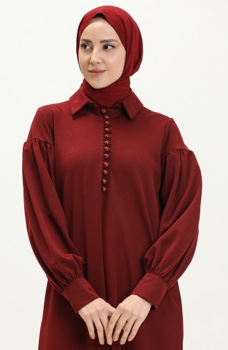 Robe Hijab Détail Boutons à Manches Ballon 11M02-02 Rouge Claret 11M02-02