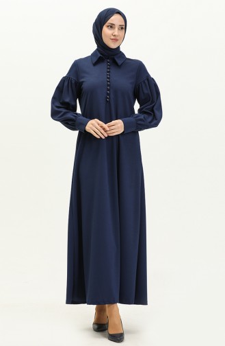 Hijab-Kleid Mit Ballonärmeln Und Knopfdetail 11M02-01 Indigo 11M02-01