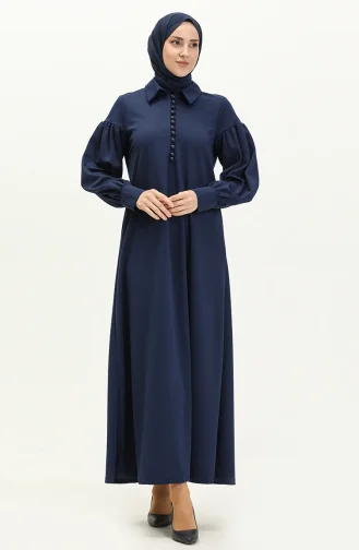 Robe Hijab Détail Boutons à Manches Ballon 11M02-01 Indigo 11M02-01