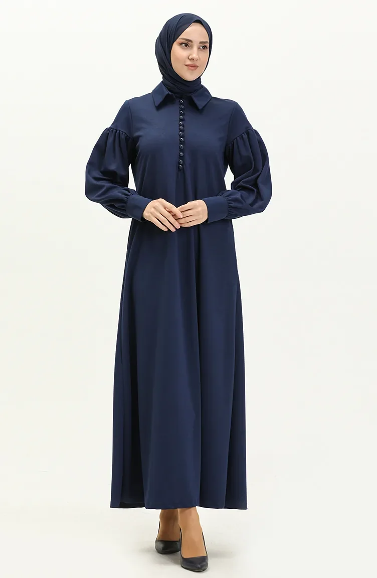 Robe Hijab Détail Boutons à Manches Ballon 11M02-01 Indigo 11M02-01