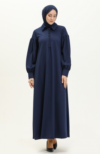 Balloon Sleeve Button Detailed Hijab Dress 11M02-01 Indigo 11M02-01