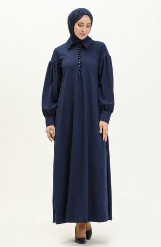 Hijab-Kleid Mit Ballonärmeln Und Knopfdetail 11M02-01 Indigo 11M02-01