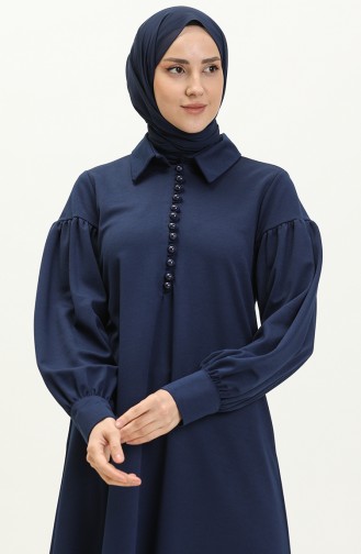 فستان للحجاب بتفاصيل أكمام بالون وأزرار 11M02-01 لون نيلي 11M02-01