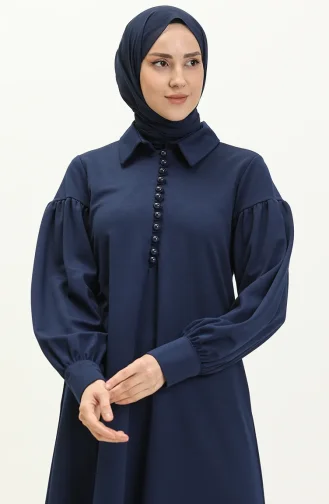 Robe Hijab Détail Boutons à Manches Ballon 11M02-01 Indigo 11M02-01
