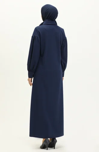 Robe Hijab Détail Boutons à Manches Ballon 11M02-01 Indigo 11M02-01