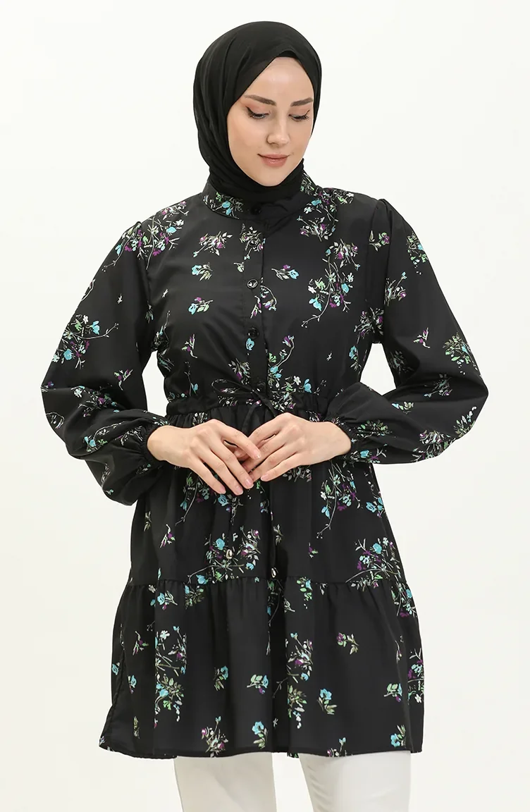 Shirred Waist Printed Tunic 24Y8878-02 Black 24Y8878-02