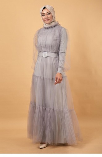 Belted Tulle Evening Dress Gray 12217 14203