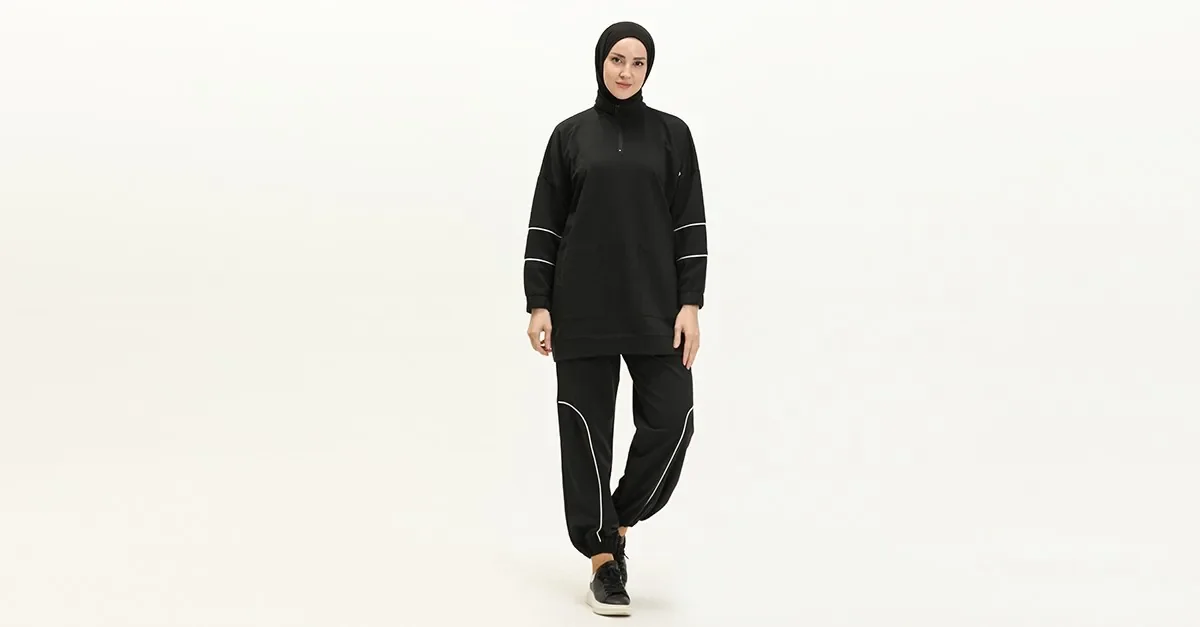 Piping Zippered Tracksuit Set 99254-01 Black 99254-01 | Sefamerve