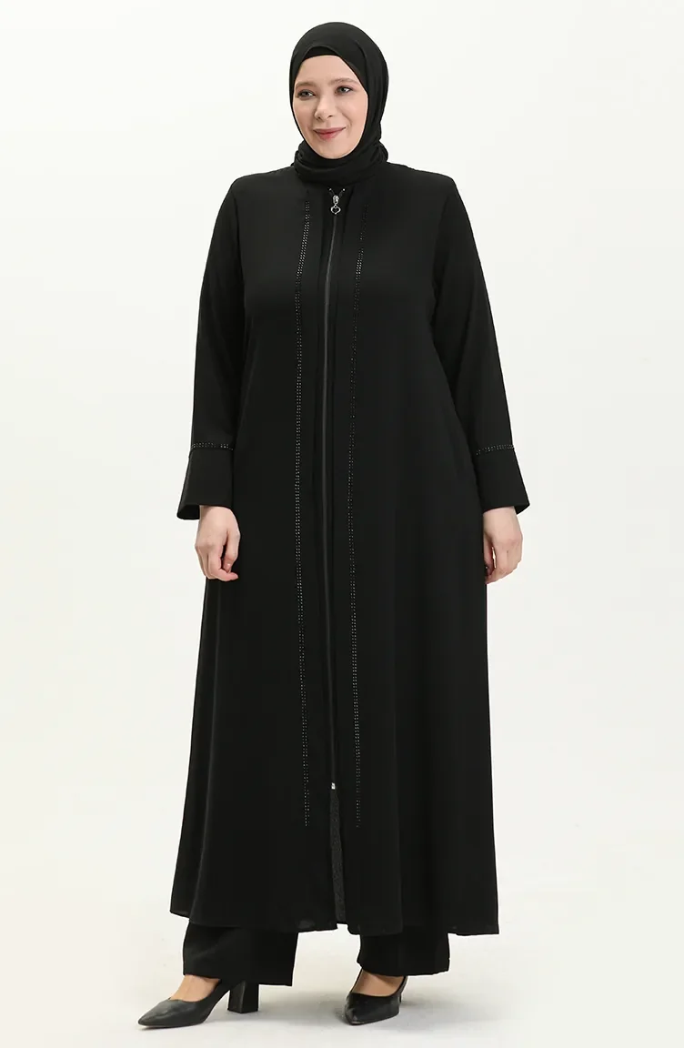 Übergröße Abaya mit Steinen vorne 5051-01 Schwarz 5051-01