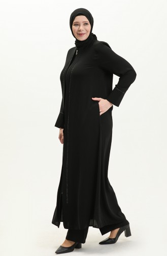 Übergröße Abaya mit Steinen vorne 5051-01 Schwarz 5051-01