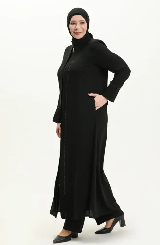 Übergröße Abaya mit Steinen vorne 5051-01 Schwarz 5051-01