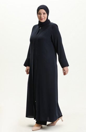 Plus Size Stone Detailed Abaya  5050-02 Navy Blue 5050-02