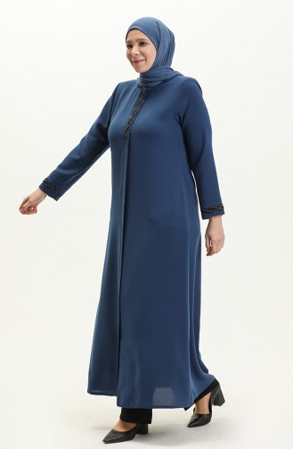 Plus Size Stone Printed Abaya 5052-05 Indigo 5052-05