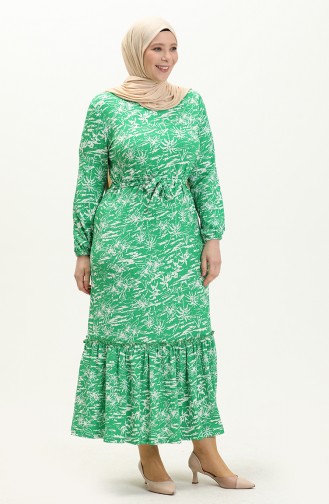Büyük Beden Farbalı Bürümcük Elbise 4571-02 Yeşil