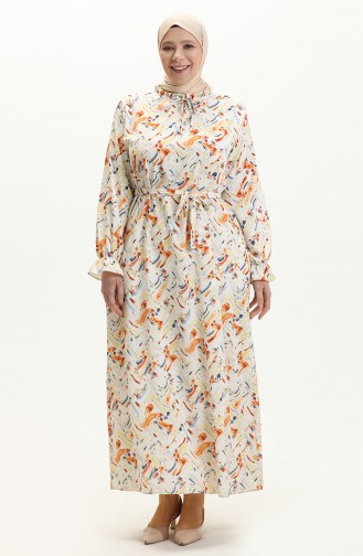 Robe Ceinturée à Motifs de Grande Taille 1014-04 Moutarde 1014-04