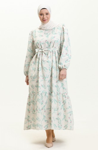 Gemustertes Leinenkleid 1018-02 Beige Grün 1018-02