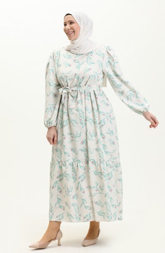 Gemustertes Leinenkleid 1018-02 Beige Grün 1018-02