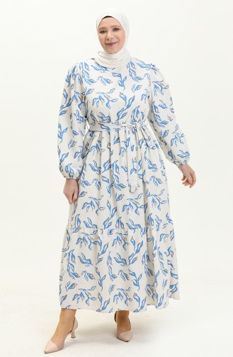 Gemustertes Leinenkleid 1018-03 Beige Indigo 1018-03