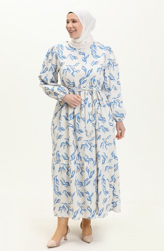 Gemustertes Leinenkleid 1018-03 Beige Indigo 1018-03
