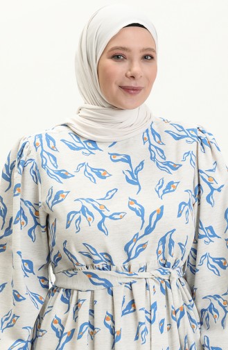 Gemustertes Leinenkleid 1018-03 Beige Indigo 1018-03