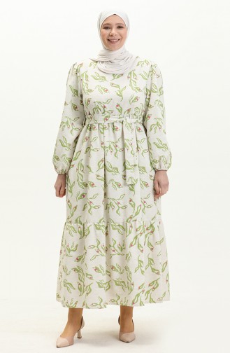 Gemustertes Leinenkleid 1018-04 Beige Pistaziengrün 1018-04