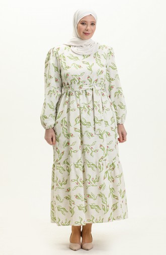 Gemustertes Leinenkleid 1018-04 Beige Pistaziengrün 1018-04