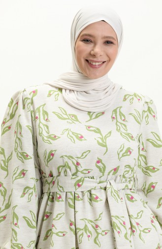 Gemustertes Leinenkleid 1018-04 Beige Pistaziengrün 1018-04