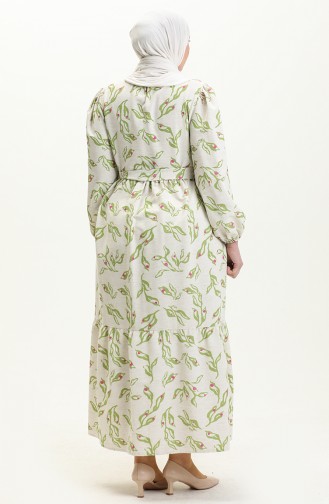 Gemustertes Leinenkleid 1018-04 Beige Pistaziengrün 1018-04