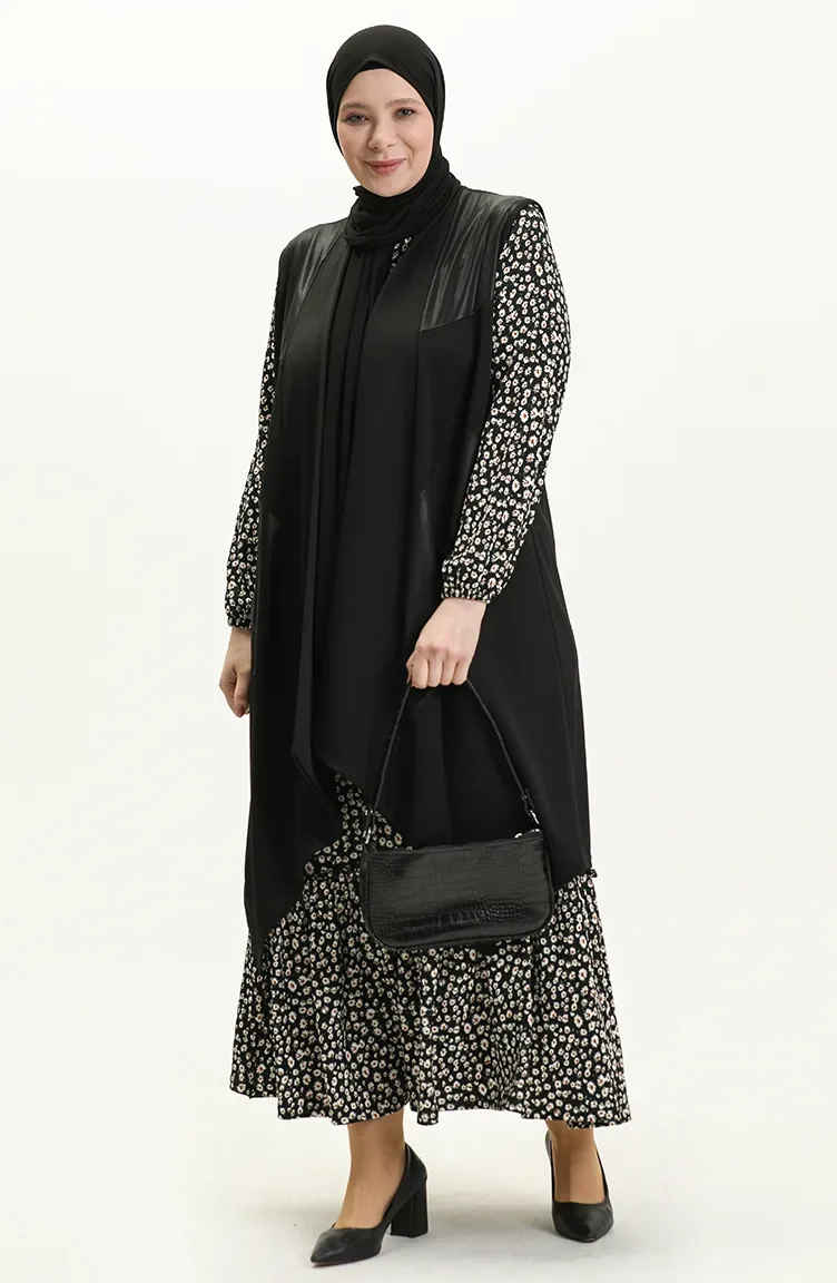 Gilet Détaillé en Cuir de Grande Taille 0354-01 Noir 0354-01