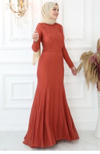 Brick Red Hijab Evening Dress 2768