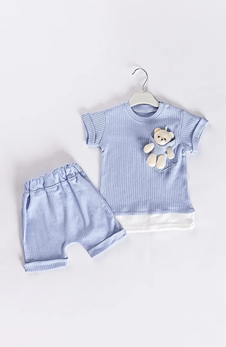 Ayıcıklı Yazlık Bebek Şort Takımı MDBBKTKM-08 Mavi
