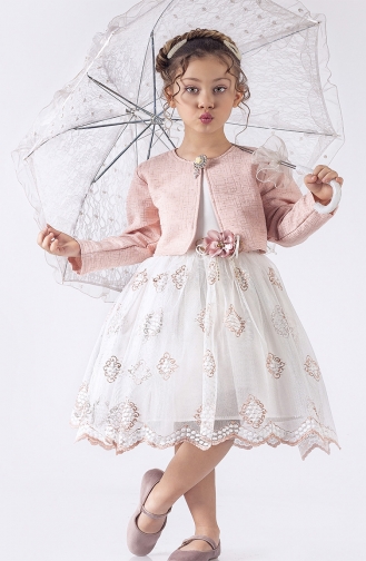 Bolerolu İşlemeli Dantel Etekli Kız Çocuk Elbisesi TVD2391BLDNTL-01 Beyaz