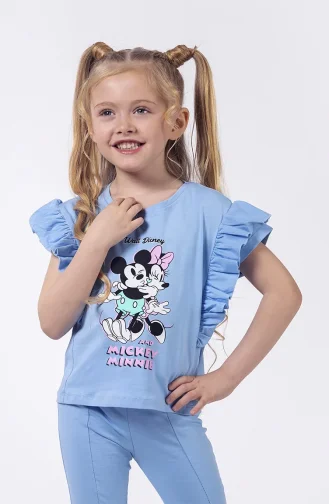Minnie Desenli Fırfır Kollu Kız Çocuk Tayt Takım SRNMNNYTYT-01 Mavi