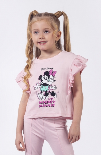 Minnie Desenli Fırfır Kollu Kız Çocuk Tayt Takım SRNMNNYTYT-02 Pembe