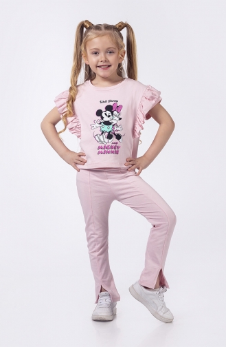 Minnie Desenli Fırfır Kollu Kız Çocuk Tayt Takım SRNMNNYTYT-02 Pembe