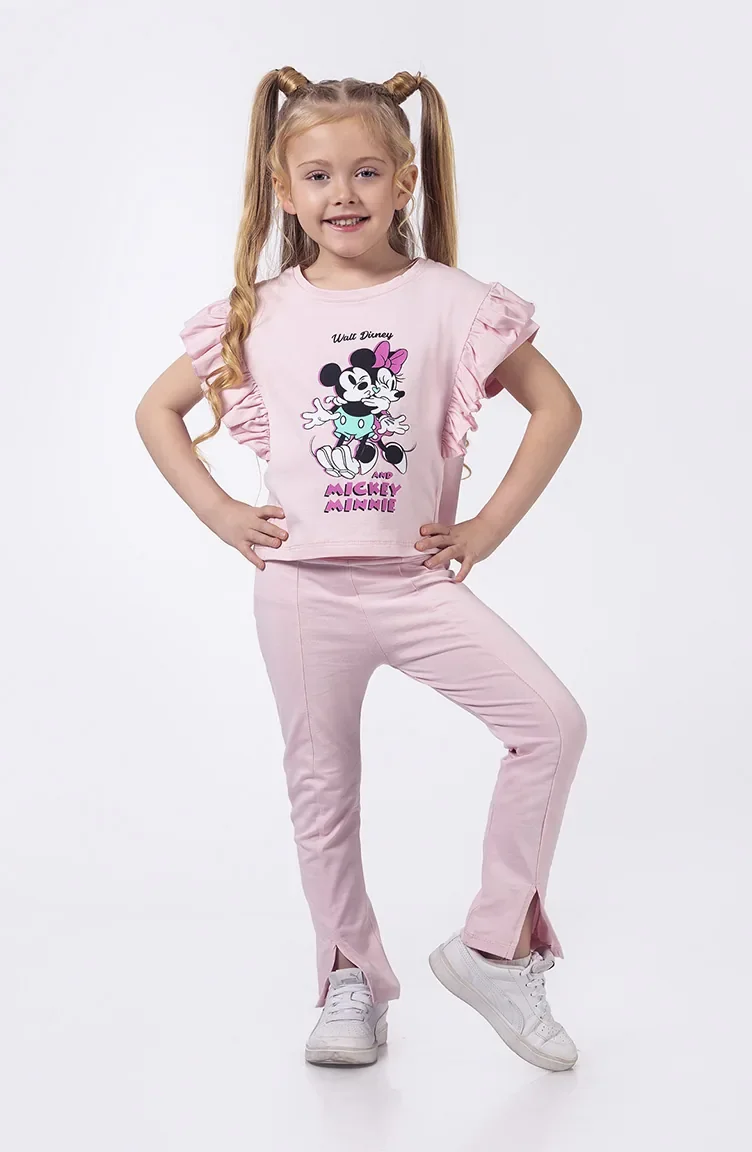 Minnie Desenli Fırfır Kollu Kız Çocuk Tayt Takım SRNMNNYTYT-02 Pembe