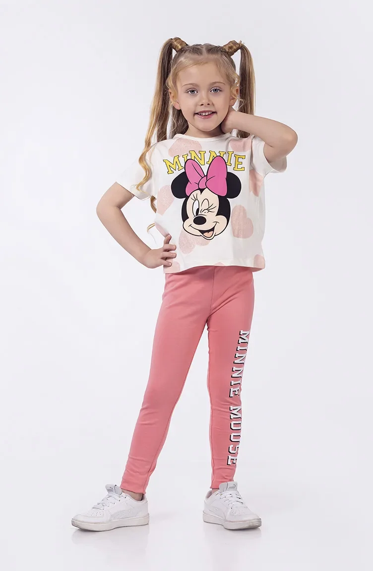 Minnie Desenli Kız Çocuk Tayt Takım SRNMNNTYT-02 Pembe