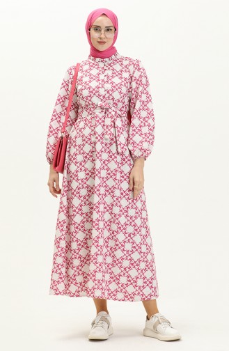 Desenli Keten Elbise 24Y8931-04 Fuşya