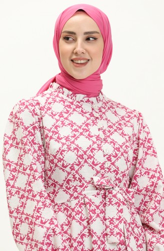 Desenli Keten Elbise 24Y8931-04 Fuşya