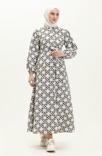 Desenli Keten Elbise 24Y8931-01 Siyah