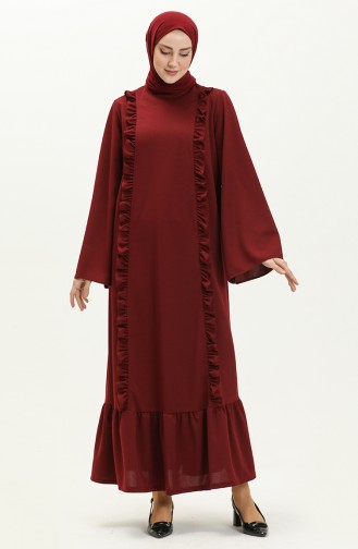 Rüschendetailliertes Hijab-Kleid 11m01-01 Weinrot 11m01-01