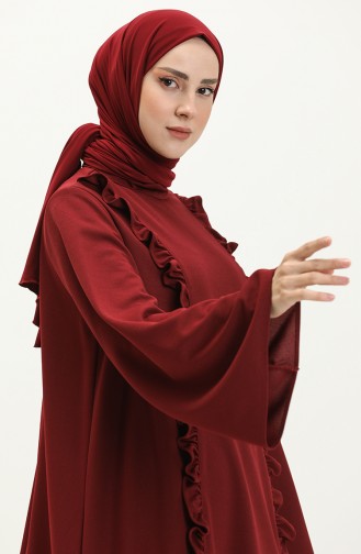 Rüschendetailliertes Hijab-Kleid 11m01-01 Weinrot 11m01-01