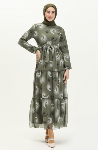 Printed Belted Chiffon Dress 81835-03 Khaki 81835-03