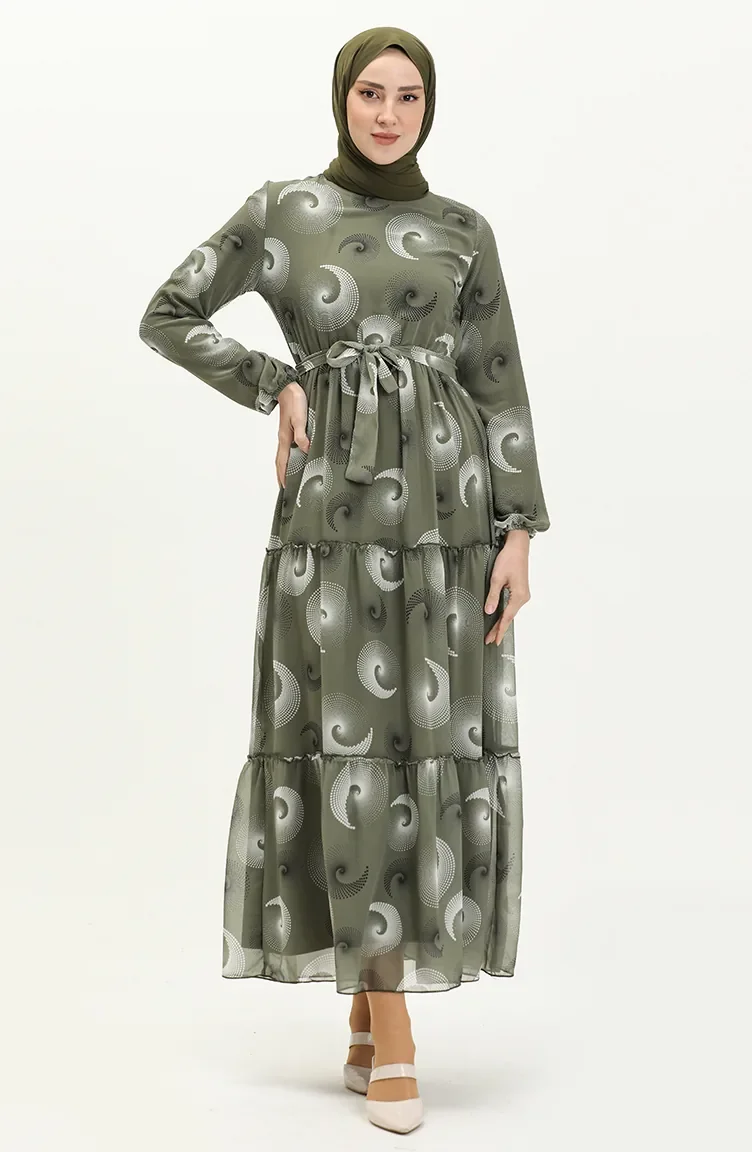 Gemustertes Chiffonkleid mit Gürtel 81835-03 Khaki 81835-03