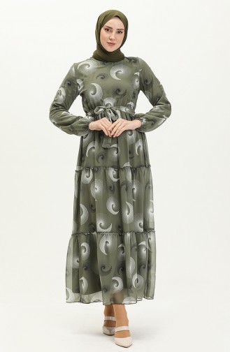 Printed Belted Chiffon Dress 81835-03 Khaki 81835-03