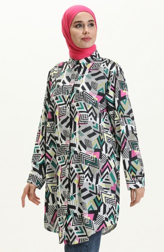 Digital Print Buttoned Tunic 1012-01 Black Fuchsia 1012-01